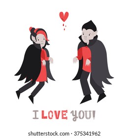 Vampire cute couple with heart vector illustration. I love you! greeting card. Part two.