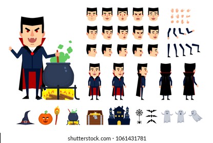 Vampire in dark clothes creation kit. Create your own pose, action, animation. Various gestures, emotions, design elements. Flat design vector illustration