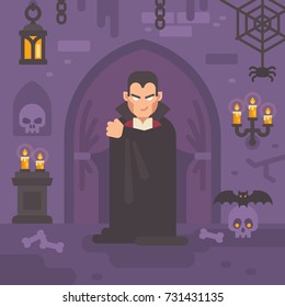 Vampire in a dark crypt with skulls and bats. Trick or treat. Halloween flat illustration