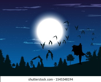 vampire in the dark night with bats flying around, forest and full moon vector illustration