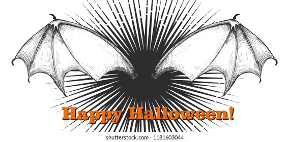 Vampire or demon bat wings with orange text "Happy Halloween". Horrible wings with divergent rays isolated on white background. Halloween design in a vintage engraved style