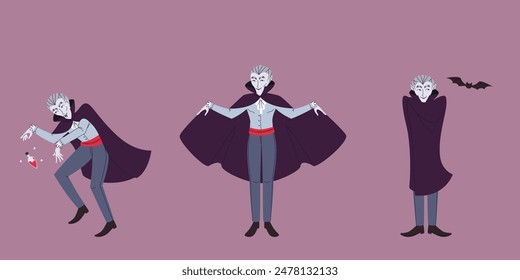 Vampiro en diferentes poses. Conjunto de personajes de Halloween en estilo lineal plano.
