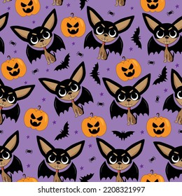 Vampire dog with bat wings, and pumpkin, spider, cartoon seamless pattern. Isolated on purple background. Funny decoration for Halloween.