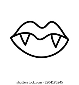 Vampire Doodle Lips With Fangs. Vector Outline Icon For Hallowen Holiday.