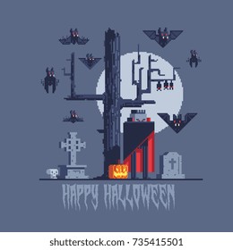 vampire dracula and bats, pixel art style halloween greeting card, vector illustration