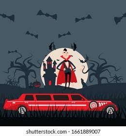 Vampire Dracula cartoon character, luxury limousine car for Halloween night, vector illustration. Comic man in costume on cemetery, grim castle and flying bats. Count Dracula in funny flat style