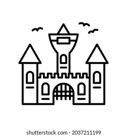 Vampire Dracula Castle Line Icon. Halloween Gothic Spooky Castle Outline Pictogram. Scary Dark Old Castle for Halloween Celebration Linear Icon. Editable Stroke. Vector Illustration.