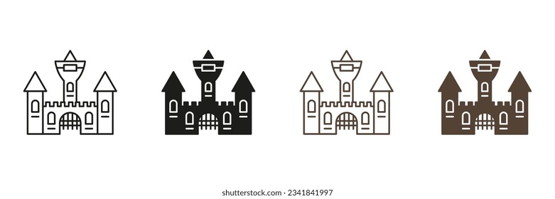 Vampire Dracula Castle Line and Silhouette Icon Set. Scary Dark Old Building for Halloween Celebration Black and Color Symbols. Gothic Spooky House Pictogram. Isolated Vector Illustration.