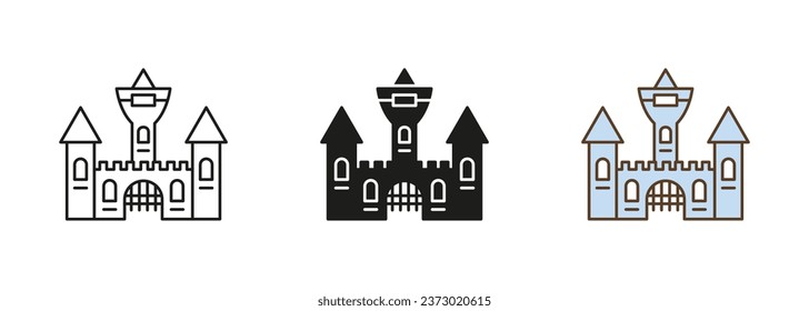 Vampire Dracula Castle Line and Silhouette Icon Set. Scary Dark Old Building for Halloween Celebration Black and Color Symbols. Gothic Spooky House Pictogram. Isolated Vector Illustration.