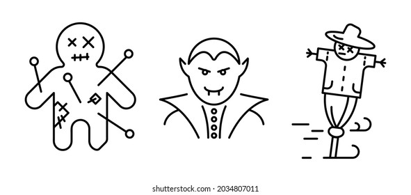 Vampiro, dracula, muñeca maldecida y conjunto de iconos de espantapájaros. Fijado para el concepto de Halloween. Conjunto de iconos lineales.