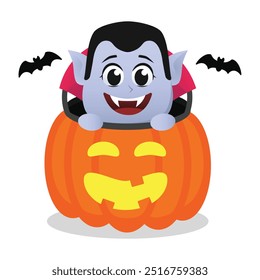 Vampir Dracula Kopf kommt aus einem Jack oder Laterne Kürbis umgeben von Fledermaus in niedlichen Vektorgrafik perfekt für Horror und Halloween Design Themen bearbeitbare Asset-Vorlage