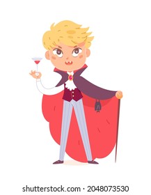 Vampire dracula kid character at Halloween party vector illustration. Cartoon happy boy child with funny face and creepy vampire teeth, fantasy magic monster from transylvania isolated on white