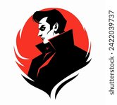 Vampire Dracula portrait in profile. Vector Halloween flat illustration. Minimalistic style. Black, white and red colors