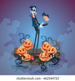 Vampire Dracula Using Cell Smart Phone Halloween Greeting Card Banner Flat Vector Illustration