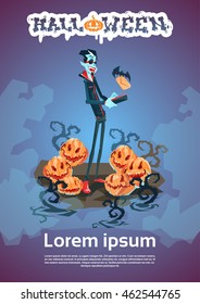Vampire Dracula Using Cell Smart Phone Halloween Greeting Card Banner Flat Vector Illustration