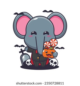 Vampire elephant holding halloween pumpkin.