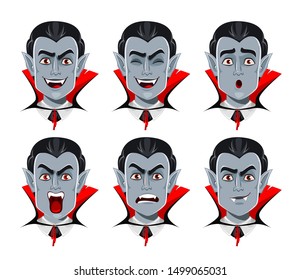 Vampire Emotions. Various Facial Expressions Of A Vamp. Handsome Cartoon Character For Halloween. Vector Illustration On White Background