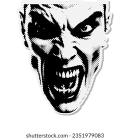 Vampire face with open mouth - Halloween halftone mixed media collage paper sticker. Dotted Vintage illustration in 90s zine Paper piece style.