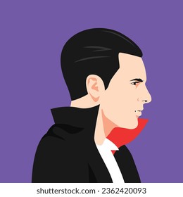 Vampire face in profile. side view, avatar, portrait, vampire teeth, black costume, horror. modern flat vector illustration.