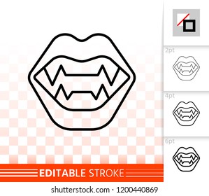 Vampire fangs thin line icon. Outline sign of dracula jaw. Halloween fun linear pictogram with different stroke width. Simple vector transparent symbol. Vampire mouth editable stroke icon without fill