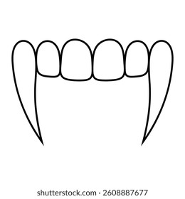 Vampire fangs vector illustration. Hand-drawn doodle of scary vampire teeth with sharp canines. Black line art isolated on white background.