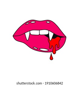 Vampire female mouth, pink lips and teeth with red blood drops, vector illustration.