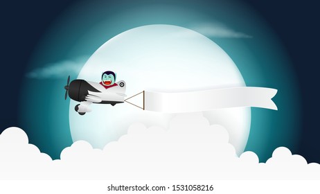 Vampire flies airplane and pulls blank ribbon label on full moon background in Halloween night illustration vector