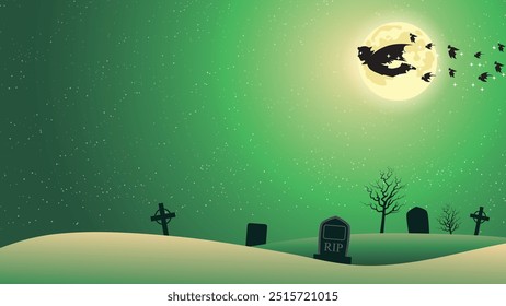 A vampire flies with a flock of bats through a graveyard.