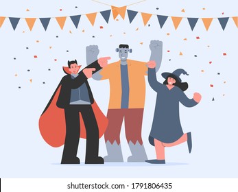 Vampire, Frankenstein und Hexentanz mit fröhlichen und feierlichen Gefühlen auf Halloween-Party. Illustration über einen fantasievollen Zeichentrickfilm im flachen Stil.