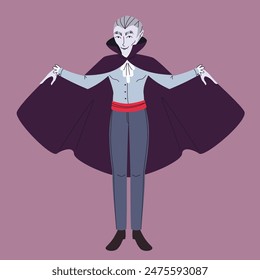 Vampire front view. Halloween character in linear flat style.