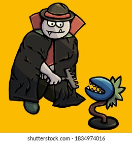 Vampire gardener with a plant on a yellow background, cartoon style, carnivorous plant, Halloween, October, autumn, vampire, vampire, evil spirits, fangs, cloak, rake, mantle, mysticism, comic, humor