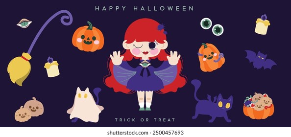 vampire ghost character, halloween concept, flat and colorful illustration.