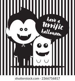 Vampire and ghost ready to celebrate Halloween. Vector illustration in black and white