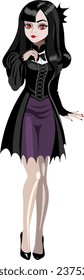 Vampire girl Halloween character in a black dress resembling a bat Brunette girl with pale skin with red pupils Vector