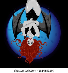 Chica de vampiros. Colgando boca abajo contra una luna llena. Arte vectorial
