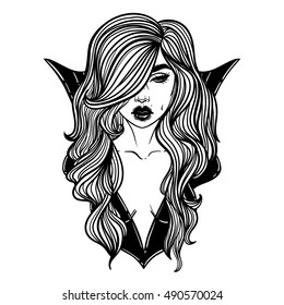 Vampire Girl Line Art. Hand drawn vector illustration. Black line on white background. Cartoon style. Could be used as design for coloring book or as part of Halloween decor.