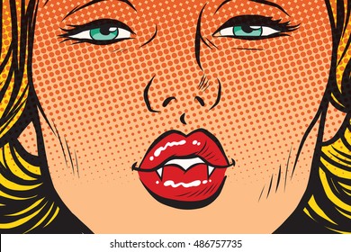 Vampire Girl Lip Kiss, Pop Art Retro Vector Illustration. Sharp Fangs