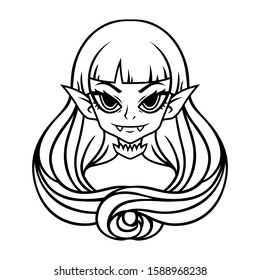 Vampire girl portrait. Halloween illustration for posters and stickers . Vector illustration isolated on white background. Outline, black and white drawing.