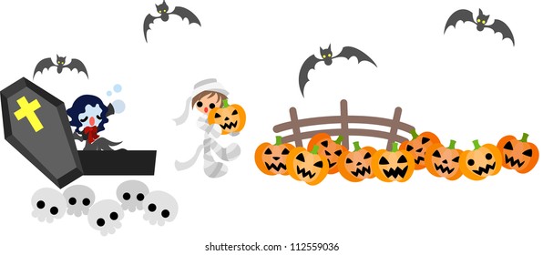 Vampire girl wake up. Mummy boy is busy at the pumpkin Patch.