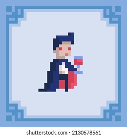 Vampire with glass of drink. Elegant man in vampire carnival costume. Pixel art character. Vector illustration in 8 bit style