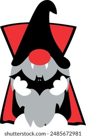 Vampire gnome with bat. Halloween gnome vector illustration.