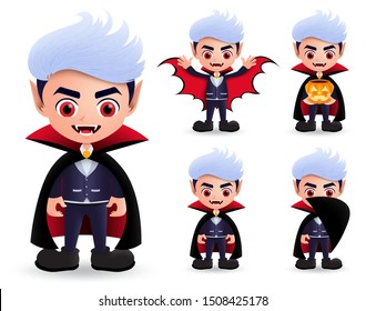 Vampire halloween characters vector set. Male vampire dracula character wearing halloween costume with fangs and red eyes wearing cape and holding pumpkin lantern while standing. Vector illustration.