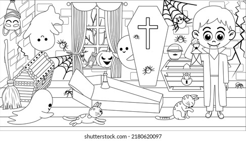 Vampire. Halloween. Coloring book. Coffin, ghost, cat. Black and white. Isolated vector illustration eps 10