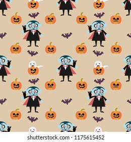 Vampire and Halloween pumpkin seamless pattern on vintage color background.