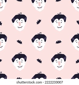 Vampire Halloween nahtloses Muster, Cartoon, Vektorgrafik. Fröhlicher, lächelnder Vampirkopf mit Fangzähnen und Fledermaus auf rosafarbenem Hintergrund. Childisches Muster, ideal zum Verpacken von Papier.