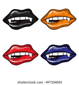 Vampire Halloween set of sexy vampire lips with fangs. Cartoon colorful drawings of vampire lips - black, red, orange/pumpkin blue colors.