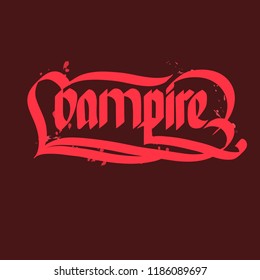 Vampire halloween typographical concept with bright pink letters on dark red background flat vector illustration