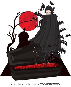 Vampire For Halloween Vector Coffin And Red Moon