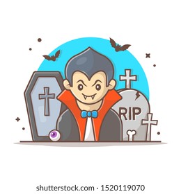 Vampire Halloween Vector Icon Illustration. Vampire And Coffin, Tombstone, Halloween Icon Concept White Isolated. Flat Cartoon Style Suitable for Web Landing Page, Banner, Sticker, Background