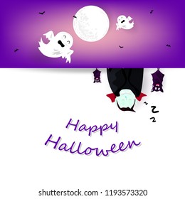 Vampire hanging with bats, spooky cartoon poster banner card, cute character background holiday vector illustration